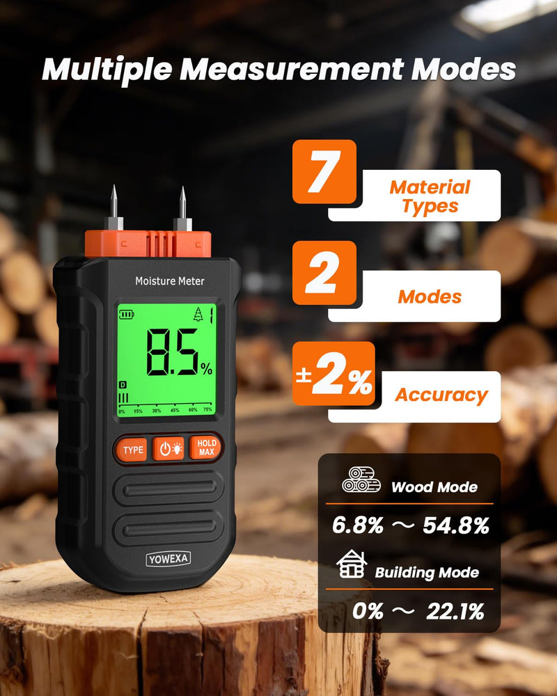 Pin-Type Wood Moisture Meter for Hardwood & Softwood | 7 Material Modes, Backlit LCD, Max/Min/Avg & Data Hold for Firewood, Lumber, Drywall & Selected Wall Materials