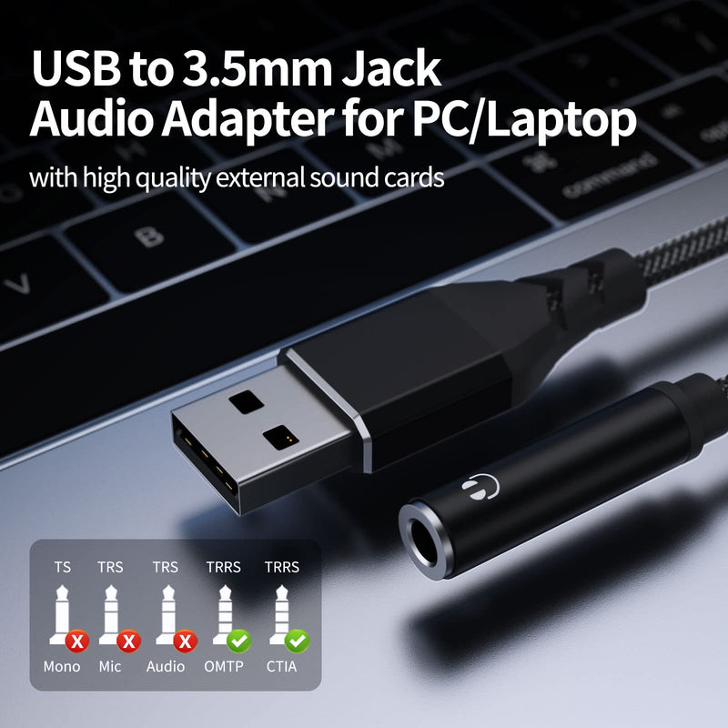 ASKUBSKU USB to 3.5mm Jack Audio Adapter, External Stereo Sound Card Built-in Chip USB to Headphone Aux Converter Male USBA to Audio Jack TRRS 4-Pole for Headset Microphone PC Laptop [5.11inch]