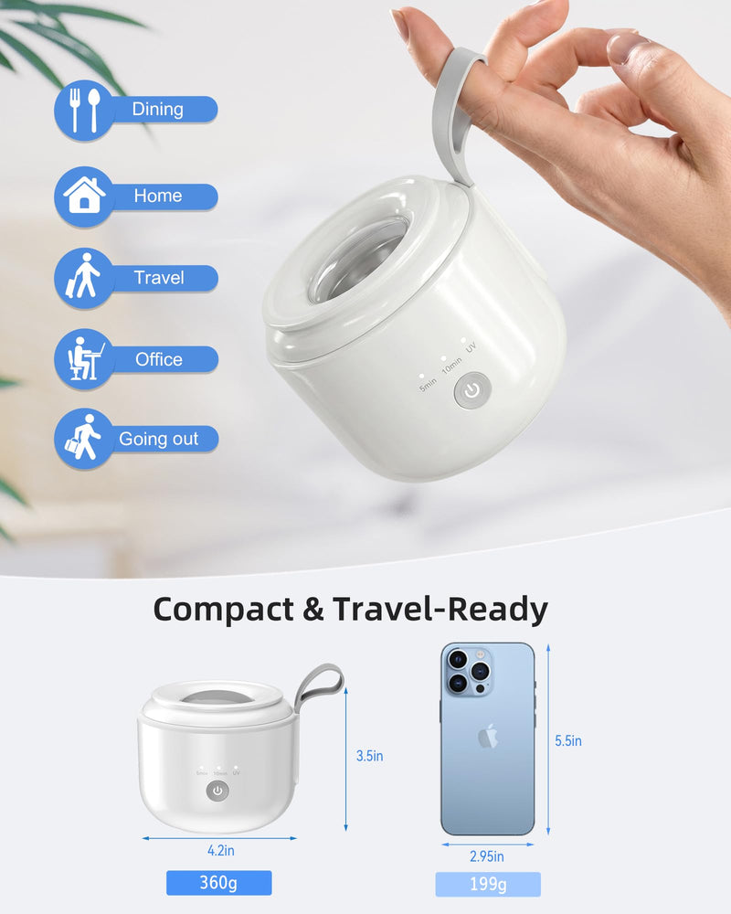 KUNPHY Portable Retainer Cleaner, Plug-in Ultrasonic Cleaning Machine for Home & Travel | 48kHz Ultrasound, Dual Modes & 20min U-V, One-Click, 125ml Tank for Mouthguard & Aligners 4.3oz