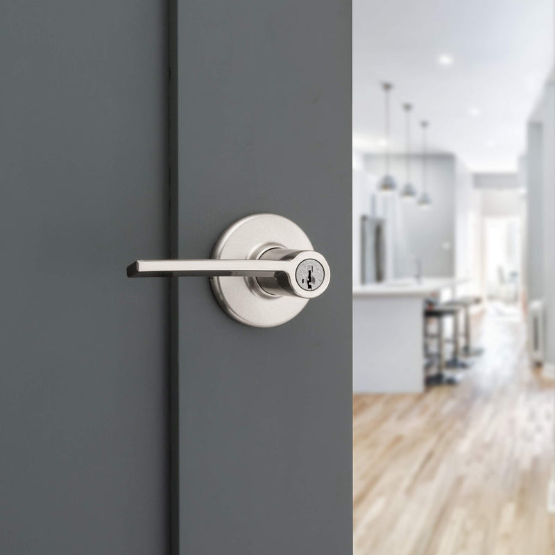 Kwikset Ladera Entry Door Handle with Lock and Key, Secure Keyed Reversible Lever Exterior, For Front Entrance and Bedrooms, Satin Nickel, Pick Resistant Smartkey Rekey Security and Microban