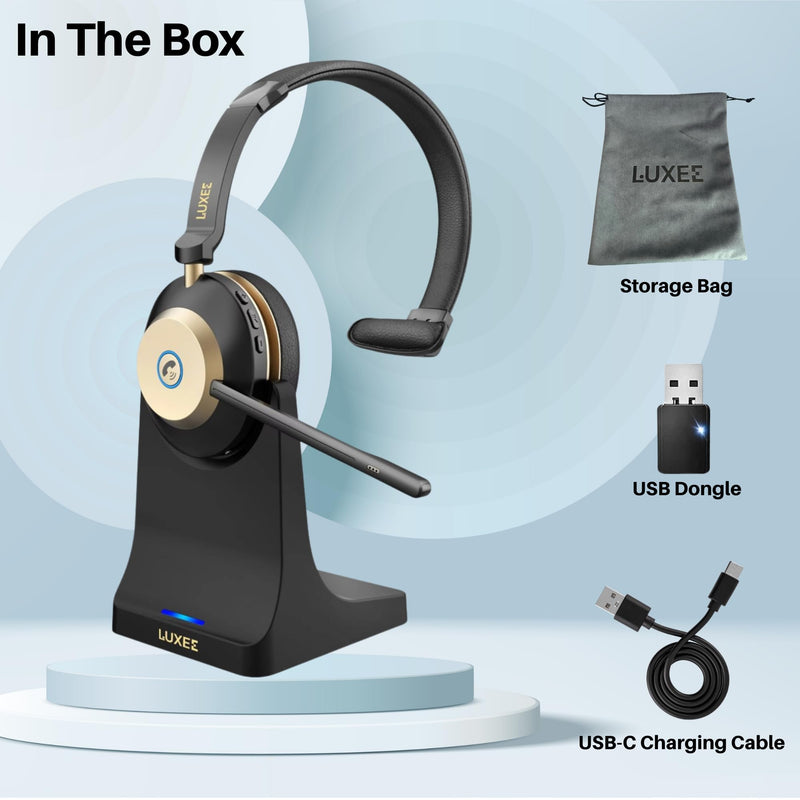 LUXEE Bluetooth Wireless Headset with Microphone for Work - Single Ear Computer Headset with USB Dongle & Charging Base, Noise Canceling Office Headset for Laptop, Zoom, Audifonos con Microfono