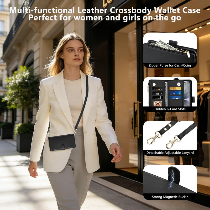 Vofolen for iPhone 17 Case Wallet with Card Holder RFID Blocking Black | Crossbody Strap, Leather Heavy Duty Shockproof Protective, Magnetic Clasp Zipper Pocket, Metal Ring, Wrist Strap Phone Case