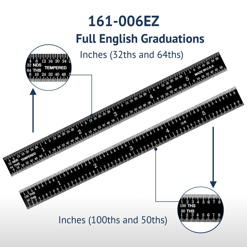 PEC Tools Stainless Steel Ruler Set (6"+12"), High-Contrast Machinist Ruler with Markings 1/32", 1/64", 1/50" and 1/100", Made in USA Black Chrome-Flexible 6"+12"