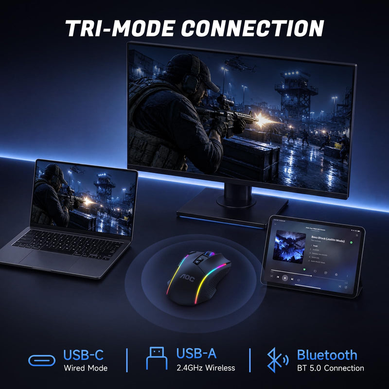 AOC GM401 Wireless RGB Gaming Mouse, 12000 DPI, Rapid-Fire Shotcut, 70Hrs | 2.4GHz Cable-Free 0 Delay /Bluetooth 5.0/USB-C Wired, Remapping Keys, Vibing Backlight, Ergonomic Comfort, Fits for FPS Gamer Black