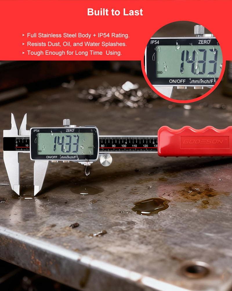 GODESON Digital Caliper, 6 Inch Rechargeable & Power Indicator Caliper Measuring Tool - 0.01mm Accuracy, Large LCD Vernier Calipers - IP54 & Full Stainless Steel, MM/Inch/F for Wood Working, DIY，3D 6-INCH USB-C