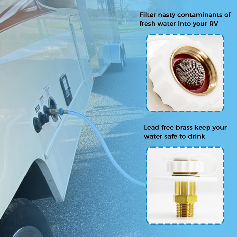 RV Water Inlet Connection City Water Fill Inlet Flange Brass with Check Valve RV Water Hose Connector Replacement 1/2" NPT Male City Water Fill Flange City Water Hookup for Camper (White) White