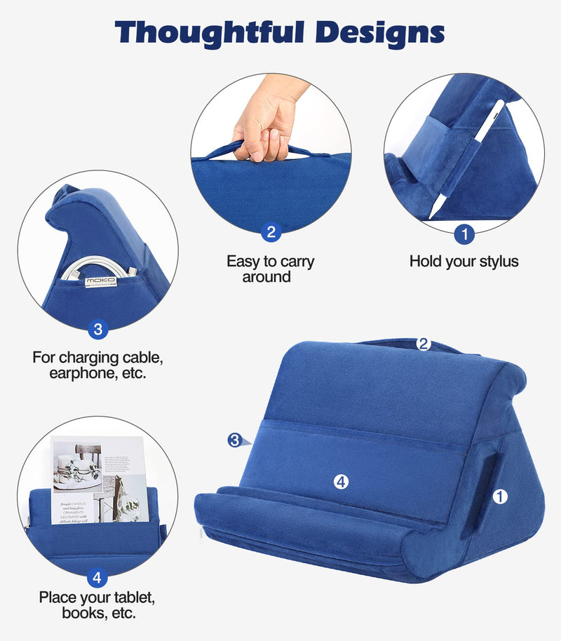 MoKo Tablet Pillow Stand, Soft Tablet Cushion Stand, With Multiple Viewing Angles and Storage Pocket, Fits iPad 10.2 2021/iPad Air 5/4/3/iPad Pro 11/12.9 2022, iPad 10th,Galaxy Tab, iPhone, Book, Blue