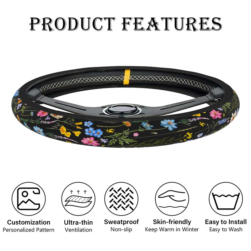 Wildflower Car Steering Wheel Cover, Flower Car Accessory for Diverse Cars, Cute Floral Print Steering Wheel Cover Protector for Women, for Steering Wheel with a Diameter of 14.5"-15" (Wildflower) Wildflower