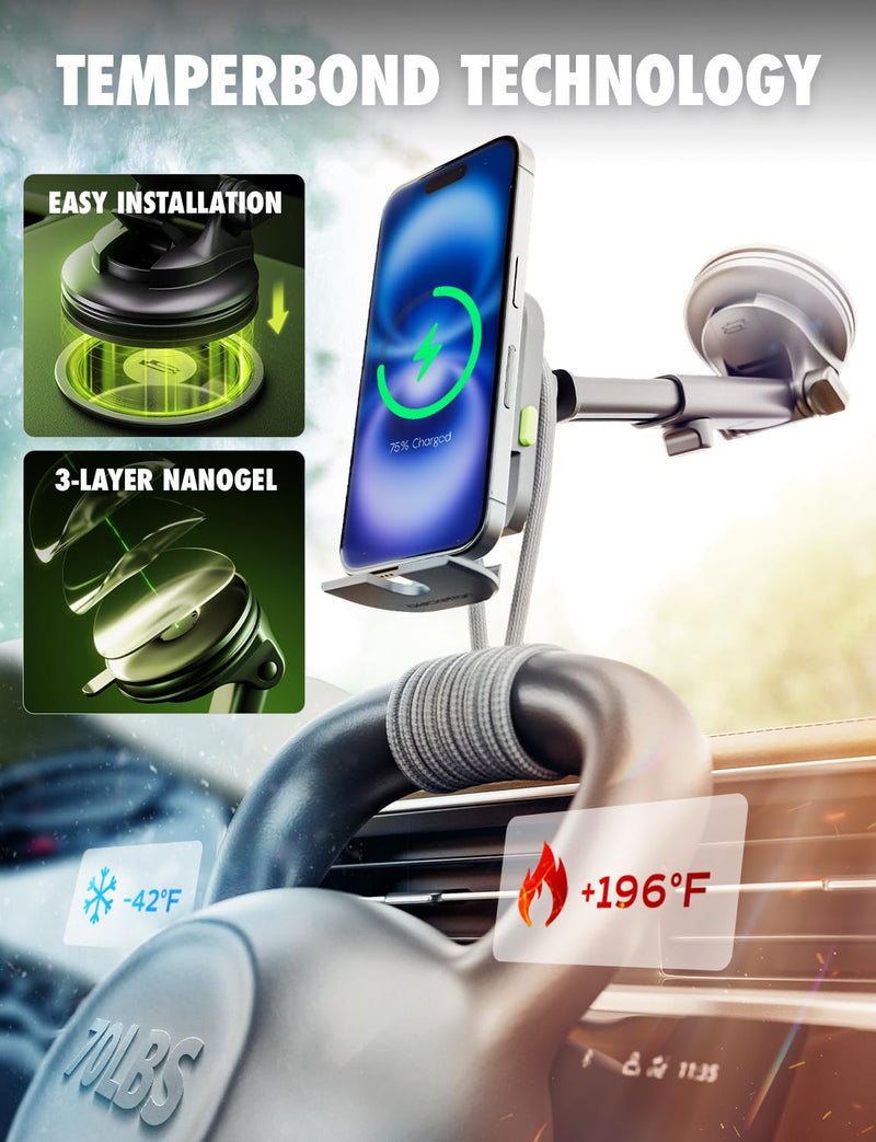 Bracketron MagAlign Extend 15W Magsafe Car Mount Charger, Magnetic Car Phone Holder Charger Wireless Car Charger for iPhone 17 Pro Max 16 15 14 13,Vent/Windshield/Dash Phone Mount Holder Fast Charger Magalign Power Up