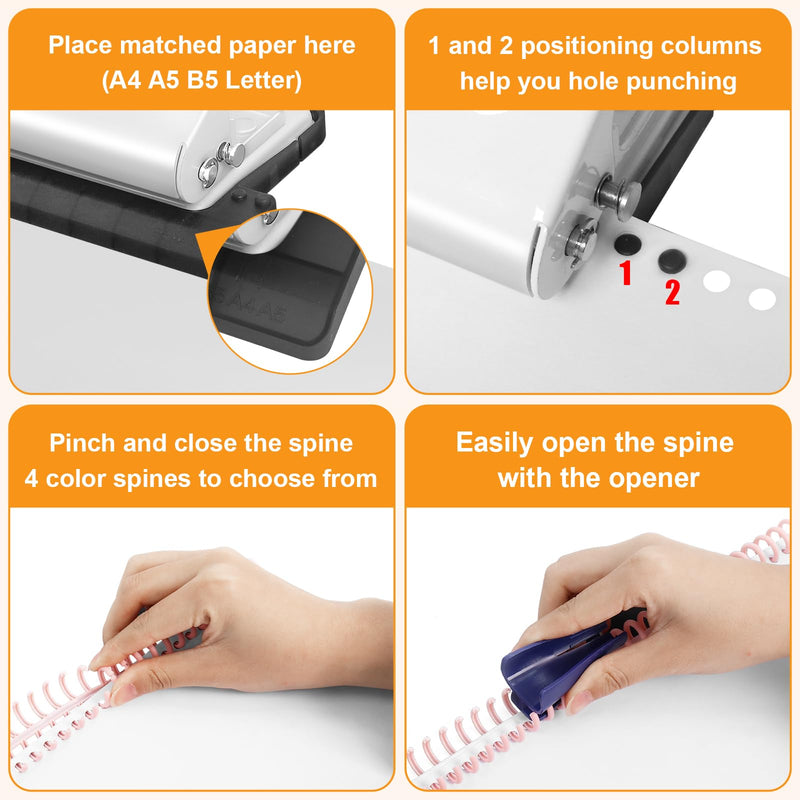 10 Hole Punch Binding Machine for Planners with 10 Multi-Color Binder Rings, 30 Holes on A4, 20 Holes on A5, 26 Holes on B5, 10 Sheet Capacity (White)