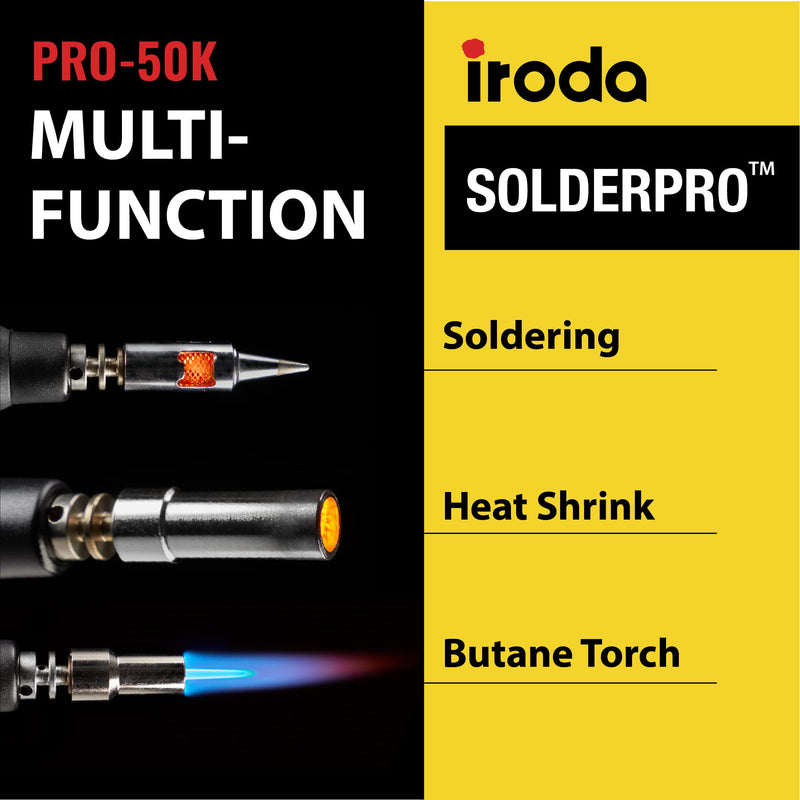 IRODA Wireless Butane Soldering Iron Kit | 4-in-1 Cordless 30-70W Pro Grade | 18s Heat-Up Multi-Function Heat Tool with Case & Tips | Pro-50K