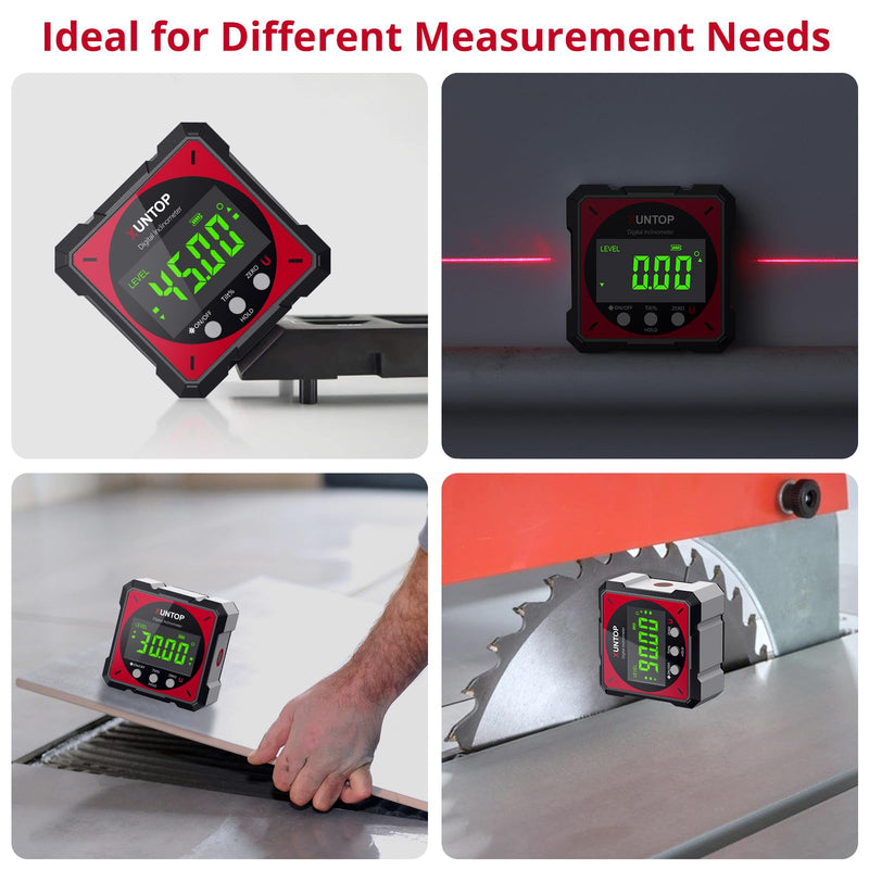 XUNTOP USB Charging Digital Angle Finder Level Box with Laser (Class 2, <1mW Output), 4-side Strong Magnetic Angle Gauge IP54 Waterproof Inclinometer Level for Hanging Decorations Woodworking Red Red-Dual Laser