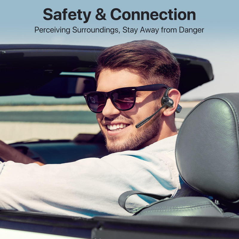 Open Ear Headphones with Mic, 29g Bluetooth Headset, Air Conduction Headphones with Dual Device Connection & Mute, Wireless Headset with Mic for Work, Driving, Office, Workout, Black