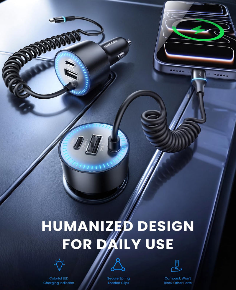 Rocoren 200W USB‑C Fast Car Charger, 5.2Ft Coiled Cable for Laptops & Phone | Super Fast Charging Travel Essentials for iPhone 17/16/15 Pro Max, MacBook Pro Air, Samsung S26/S25, iPad Pro