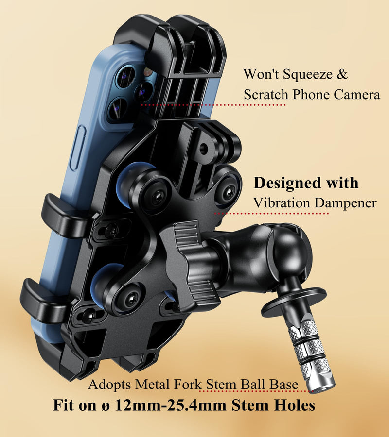 BRCOVAN Motorcycle Fork Stem Phone Mount with Vibration Dampener, Adjustable Heavy Duty Motorcycle Cellphone Holder Fit Stem Tubes 12mm-25.4mm in Diameter, Compatible with 5.4''-7.2'' Smartphones