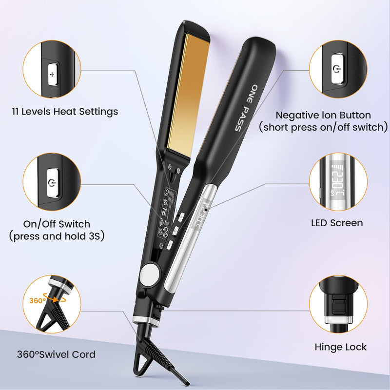 Faszin Professional Hair Straighteners, 42mm Wide-Plate | Titanium Negative Ion Flat Iron, 30s Rapid Heating, Real-time Temperature Display, 11 Adjustable Temp Levels (130-230℃)