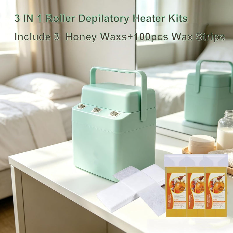 3 IN 1 Roll On Waxing Kit, Fast Heating Wax Warmer Machine with 3 Honey Wax Roller Refill, Wax Roller Heater Kit for Full Body Hair Removal, Ideal for Home & Salon Green