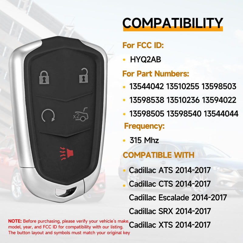 2 Pcs Smart Key Fob Replacement Fits for Cadillac ATS CTS Escalade SRX XTS 2014 2015 2016 2017 Car Keyless Entry Control Remote HYQ2AB 315Mhz