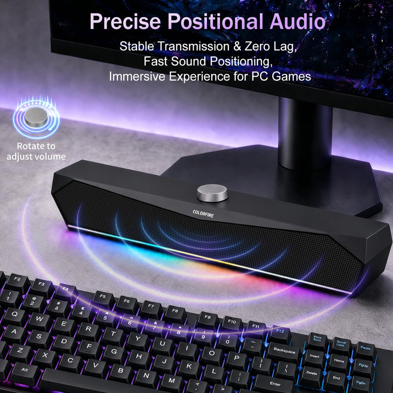 Computer Speakers for Desktop,USB Single-Cable, Computer Soundbar for PC | Compatible with Laptops | Towers | Devices |Stereo Sound and RGB Light, Plug-n-Play, Black Matte Finish, Mechanical Knobs