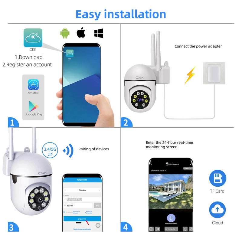 CKK 1080P Home Security Camera Wired, 3 Pcs Outdoor WiFi Camera (2.4G/5G Dual-Band), 360° Pan/Tilt, Color Night Vision, Motion Alerts, 2-Way Audio, Compatible with Alexa, SD/Cloud Storage 3 Pack