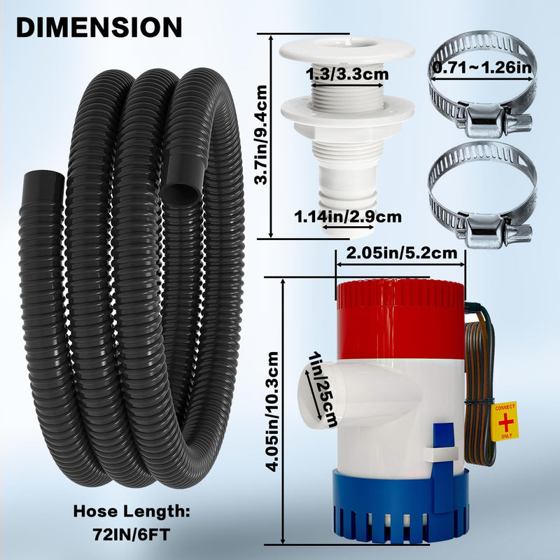 1100GPH 12V Boat Bilge Water Pump, 1-1/8" 6FT Kink-Resistant Bilge Pump Hose, ABS Thru-Hull Fitting, 2PCS Stainless Steel Clamps for Boat Marine Bilge Pump Kit