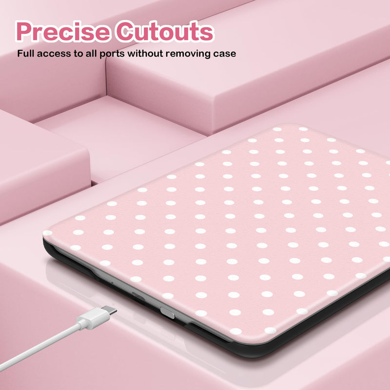 Teryeefi Case for New Kindle Paperwhite 12th Gen 2024 and Kindle Colorsoft Signature Edition, Lightweight PU Leather Protective Cover with Auto Sleep Wake with Hand Strap Function (Pink Polka Dot) Pink Polka Dot