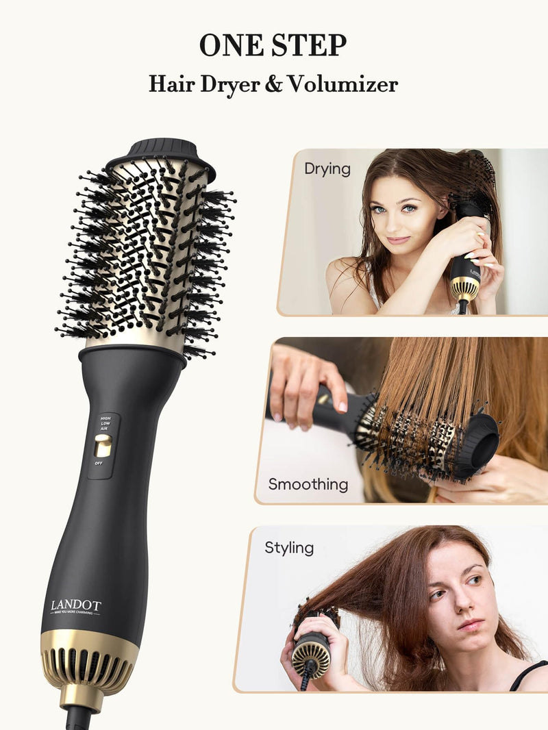 LANDOT Hair Dryer Brush, Hot Air Styler Volumiser, 60mm Oval Blowout Brush | Ionic Blowdry Brush for Drying Smoothing and Volumizing, Anti-frizz Ceramic Titanium Barrel, 3 Heat & 2 Speed, All Hair Types Black/Gold