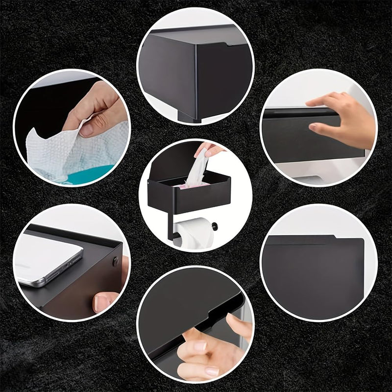Toilet Paper Holder with Shelf,Rustproof Flushable Wipes Dispenser,Self Adhesive Drilling Toilet Paper Holder Wall Mount,Tissue Holders with Storage,Wipe Holders for Bathroom(Single roll) Single Roll