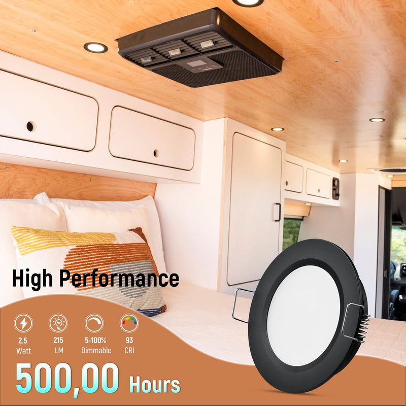 8 Pack 12 Volt LED Puck Light RV Recessed Mount Ceiling Light 2.75” 12V Down Light for Camper Van Truck Boat Interior Ceiling Kitchen Cabinet Lighting CRI 93 (Black/Warm White) Matte Black 8-pack / Warm White