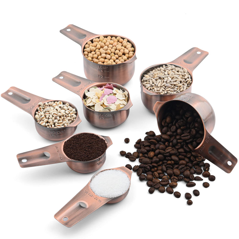 Copper Measuring Cups and Spoons Set 14, Stainless Steel Measuring Cups and Spoons set for Kitchen & Baking, 7 US & Metric Measure Cups & 6 Long Handle Spice Measuring spoons & 1 leveler Copper
