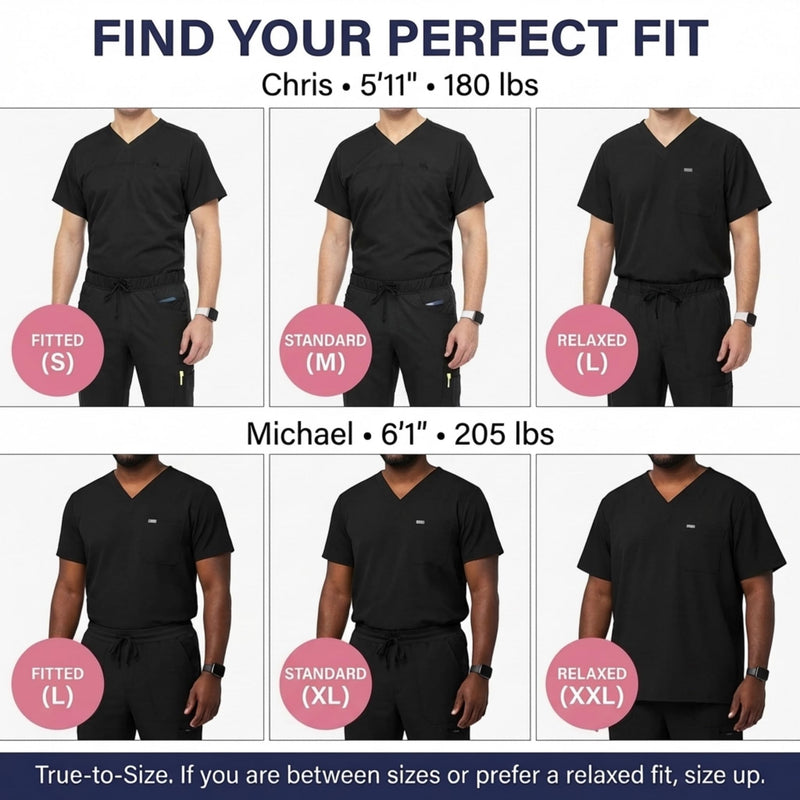 Medichic Men's Workwear Stretch V-Neck Scrub Joggers Set with Seven-Pocket Pants, Available in 6+ Colors Black Medium