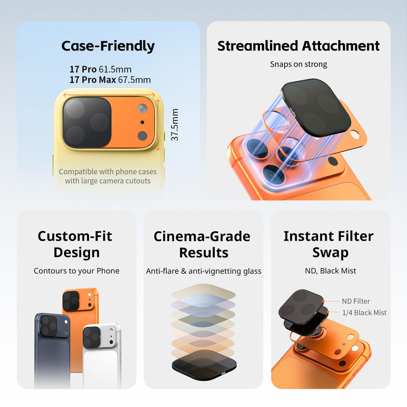 SmallRig Square ND & Black Mist Filter Kit for iPhone 17 Pro Max, Magnetic Lens Filters with Base Mount, Black Mist Diffusion 1/4 Filter/ND2/ND4/ ND8/ND16/ND32, 6 Pack, Orange- 6075