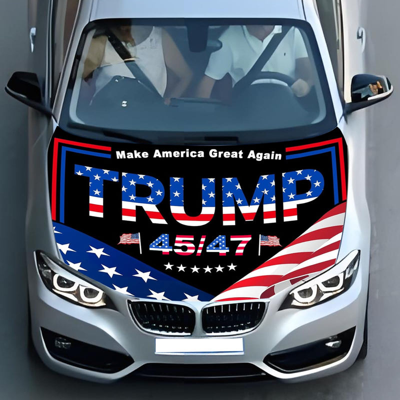 Trump 2025 Flag Car Hood Cover, 3.9x5.2 Ft, Smiling MAGA Elastic Windproof Banner, Cars, SUVs, MPVs, Weatherproof Washable Fabric