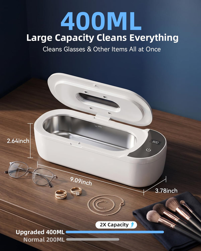 KUNPHY Ultrasonic Jewelry Cleaner, 400ml Sonic Cleaner for Rings, Glasses | 4 LED Light & Display, 48kHz Ultrasonic Cleaner, 400ml 304 Tank, Quiet 45dB, Dual 5/10min Timers, Overheat Protection, White 13.53 Fl Oz (Pack of 1)