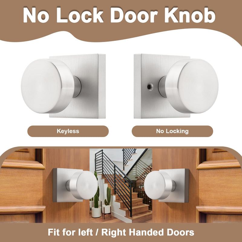 Probrico Door Knob Brushed Nickel Interior Handle for Closet and Hallway Doors, Keyless Door Knob No Lock, Interior Doorknob on Square Rose, 1 Pack Passage