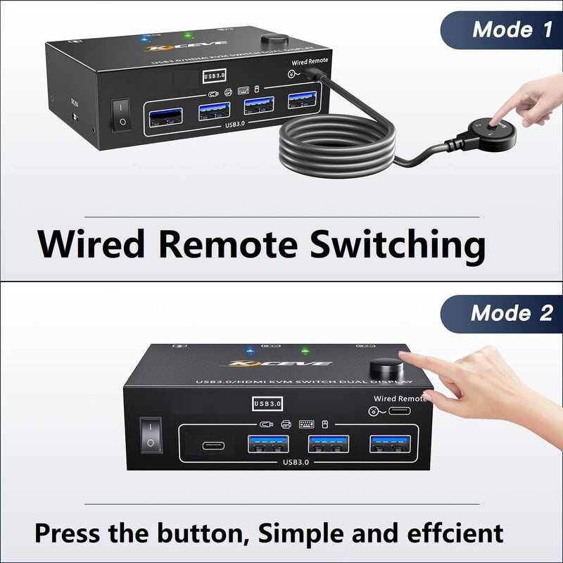 8K HDMI KVM Switch 2 Monitors 2 Computers, Dual Monitor KVM Switches HDMI Support 8K@60Hz 4K@120Hz, for 2 Pcs and 4 USB3.0 Devices,Support Extended and Copy Mode, Wired Remote and power adapter