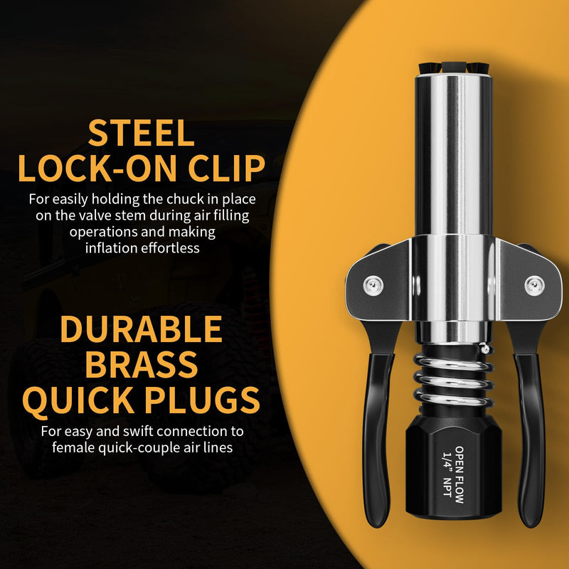 Locking Air Chuck, Heavy Duty Open Flow with Six Steel Jaws, Locks onto Any Tire Valve, No Leaks or Pop-Offs, Rated to 150 PSI - Open Flow