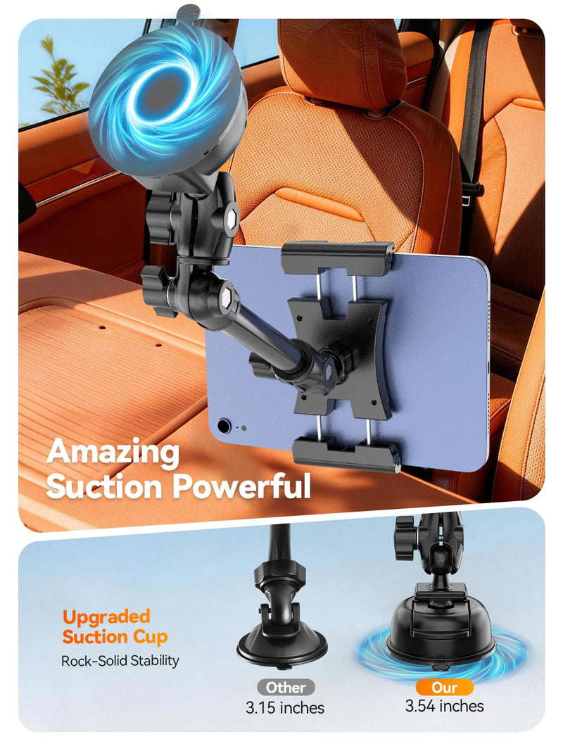 OHLPRO Heavy Duty Tablet Holder for Car Windshield, 90mm Large Suction Cup Mount, 360° Rotating Aluminum Arm iPad Holder for Truck, SUV, Semi & Boat, Fits 4.7–13" iPad Pro/Air/Mini, Galaxy Tab For 4.7-13" Device