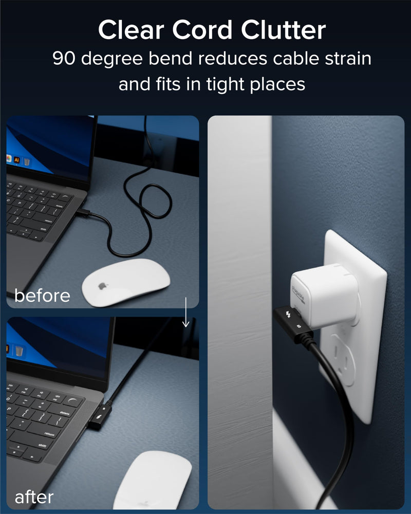 Plugable Thunderbolt 5 Cable Right Angle 80Gbps 240W Charging [Thunderbolt Certified] Up to 120Gbps Bandwidth Boost for Laptops & Docks Works with Thunderbolt 4/3 USB4 USB C, 2.6ft (80cm) TBT5-240W80R