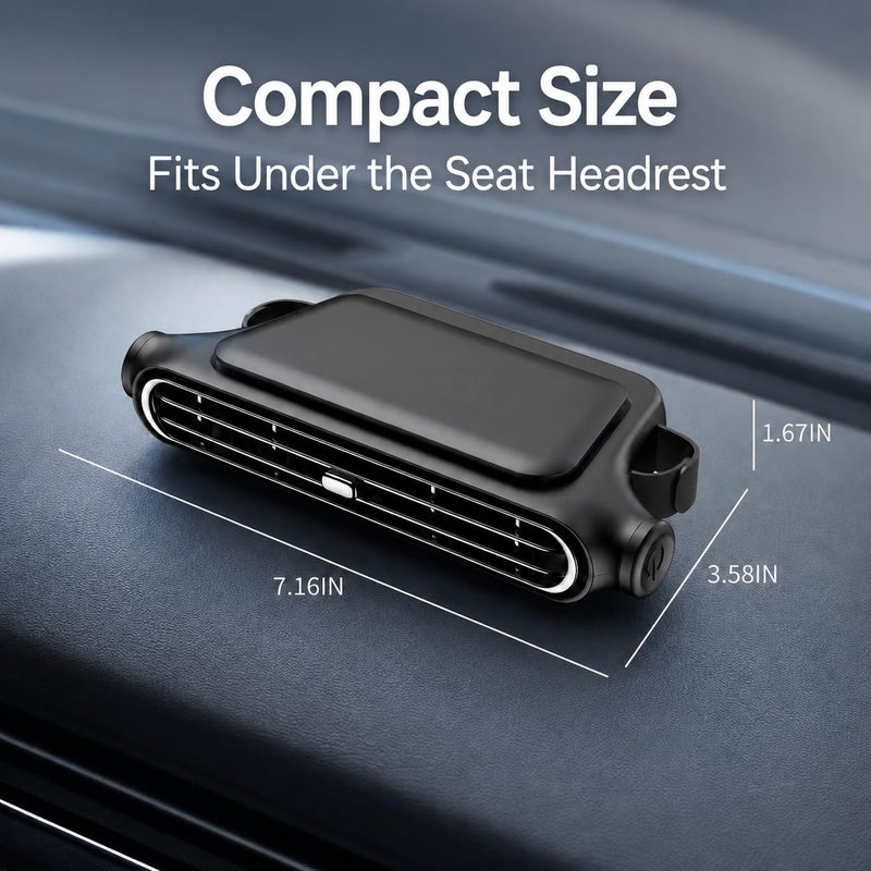 Car Seat Fan for Car Headrest, USB Cooling Fan, 3-Speed, Black | 3000mAh battery car fan with adjustable airflow for backseat kids, drivers, SUVs, vans and RVs.