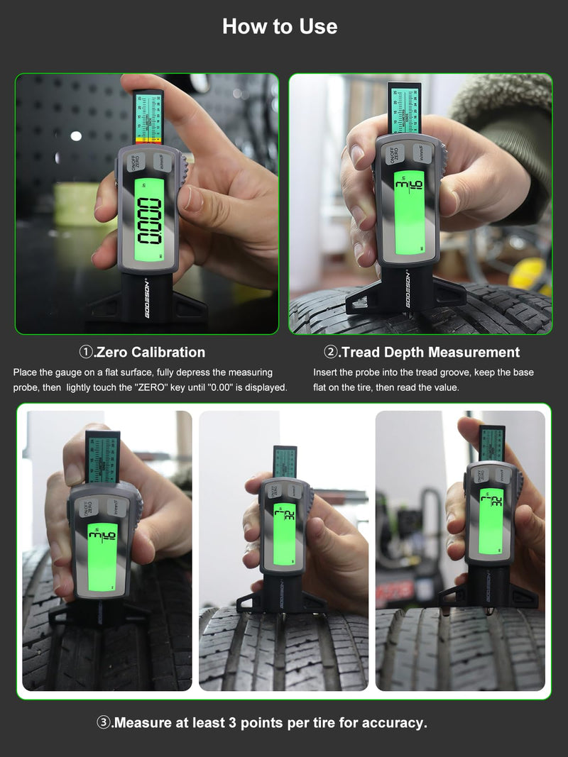 GODESON Tire Tread Depth Gauge,Rechargeable Digital Tire Depth Gauge - USB-C,3-Unit Switch (mm/Decimal/Fraction Inch), Backlit LCD Display, Auto Power Off, 0-32NDS for Car/SUV/Truck Wear Measurement