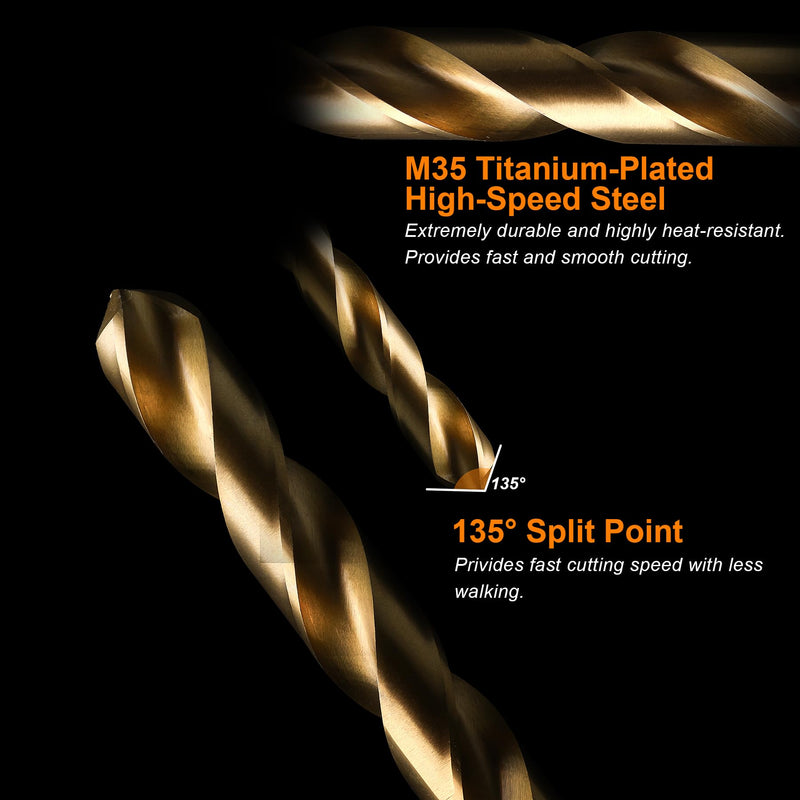 M35 Cobalt Drill Bit Set 20PCS(1/16"-1/2") High Speed Steel Jobber Length Drill Bit Kit for Hardened Metal with Index Storage Case 1/16-1/2 inch - 20 PCS - Right Hand