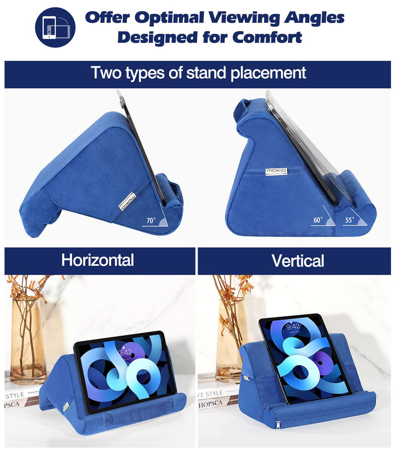 MoKo Tablet Pillow Stand, Soft Tablet Cushion Stand, With Multiple Viewing Angles and Storage Pocket, Fits iPad 10.2 2021/iPad Air 5/4/3/iPad Pro 11/12.9 2022, iPad 10th,Galaxy Tab, iPhone, Book, Blue