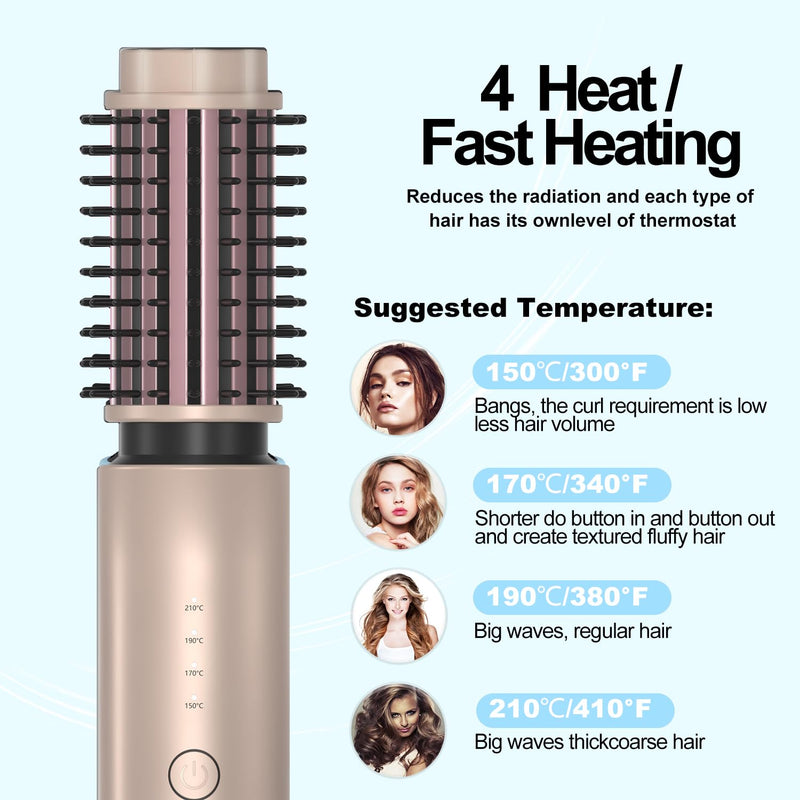  [AUSTRALIA] - Cordless Hair Curling Brush, Mini 3 in 1 Hot Hair Brush with 4 Temperatures, Outdoor Heated Curling Iron and Travel Straighteners, 7000 mAh USB Rechargeable Curling Wand Brush (Gold) Gold