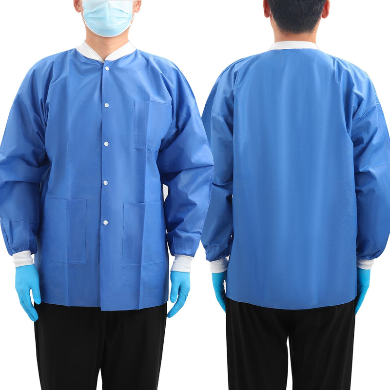 JMU 10-100 Pack Disposable Lab Jackets, SMS Disposable Medical Jackets for Adult, Knit Cuffs Collar, 3 Pockets Medium Dark Blue