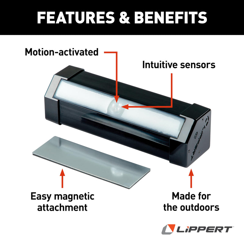 Lippert Wireless Motion-Activated LED RV Step Light with IP65 Rating, High-Strength Magnets for Magnetic Attachment, Adhesive-Backed Metal Plate, AA Batteries Not Included - 2022172335
