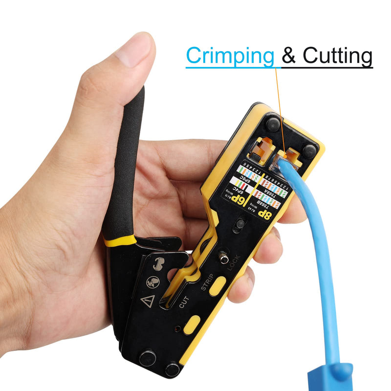 Solsop Pass Through RJ45 Crimp Tool Kit Ethernet Crimper CAT5 Cat5e Cat6 Crimping Tool Kit 6P/8P Crimper Set Yellow-A