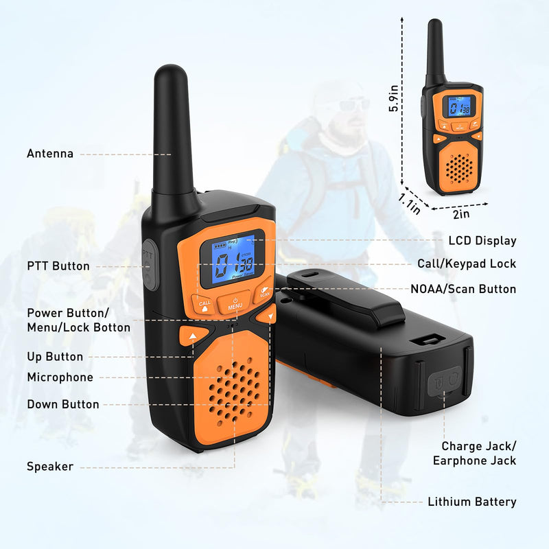 Adult Walkie Talkies 2 Pack, WokTok Rechargeable Long Range Walkie Talkies 2 Way Walkie Talkies, 22 Channels VOX Scanning LCD Display Ideal for Gift Giving, Family Camping and Hiking 2 Packs Orange 2 Pack