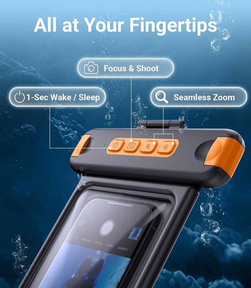 IP68 Bluetooth Shutter Waterproof Phone Pouch Case,Floating,Black | Hands-Free Photo & Video Underwater Control.Large Waterproof Phone Case Universal Fit for 8.5" Phone(iPhone Samsung Google) Black
