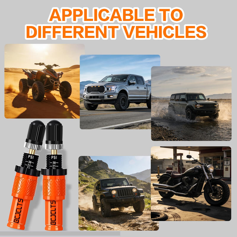 Adjustable Auto-Stop Tire Deflator Valve Kit (10-30 PSI) Tire Air Down Tool Offroad 4x4 Screw-on Automatic Tire Deflators. (4, Orange) 4